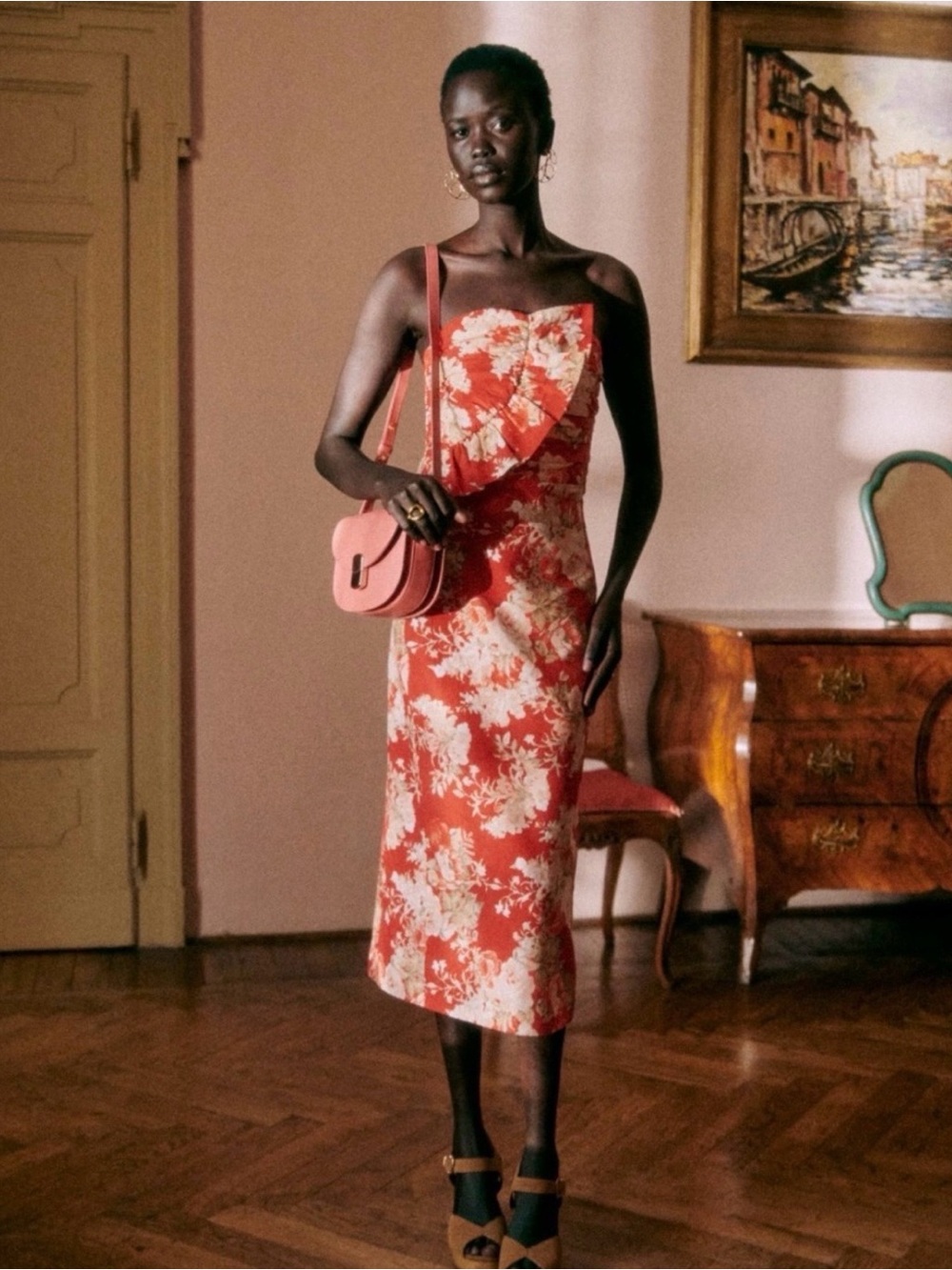 Sézane Pauline Floral Red Strapless Maxi dress